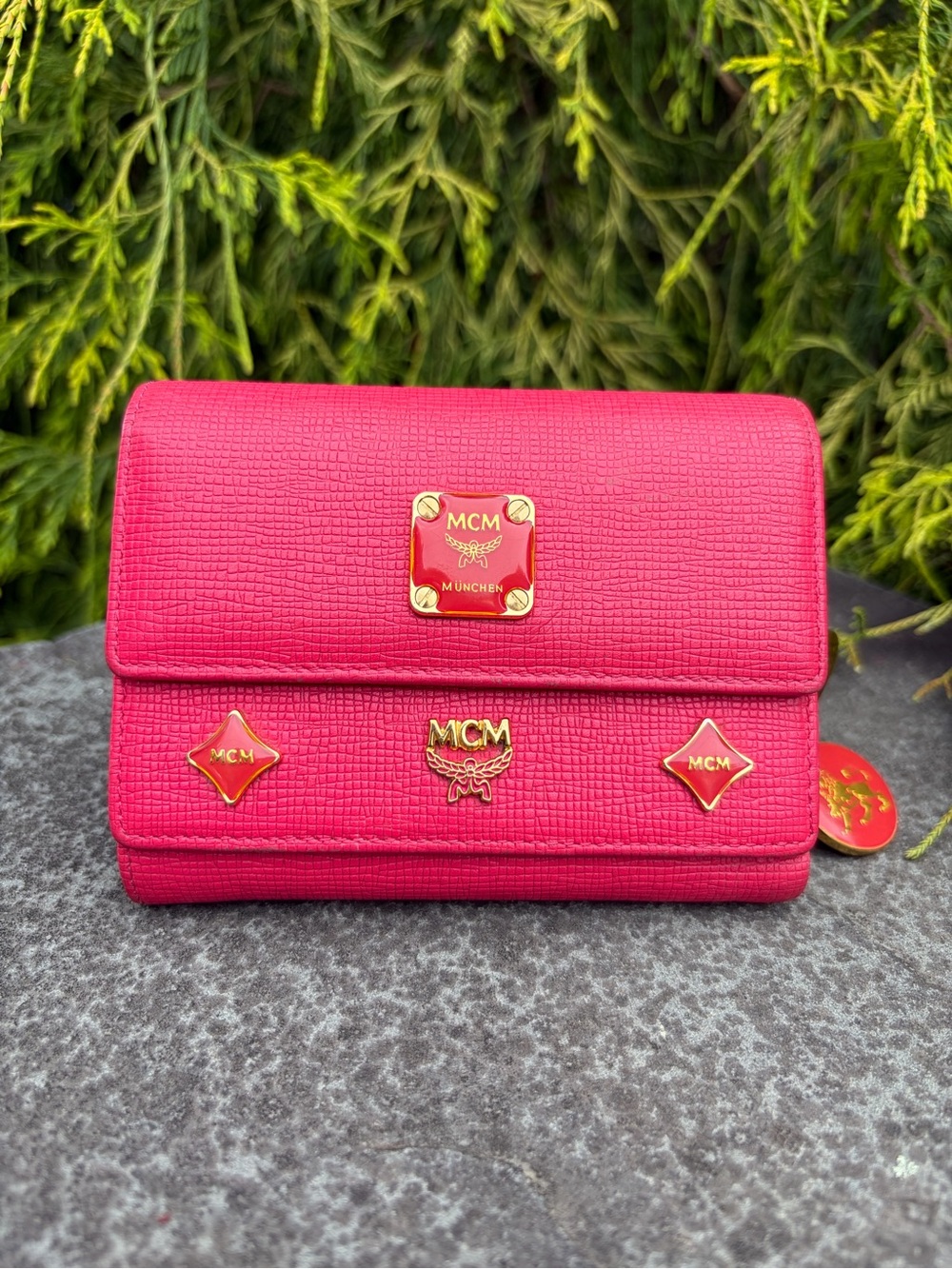 MCM Hot Pink Leather Trifold Wallet with Charms & Gold Hardware